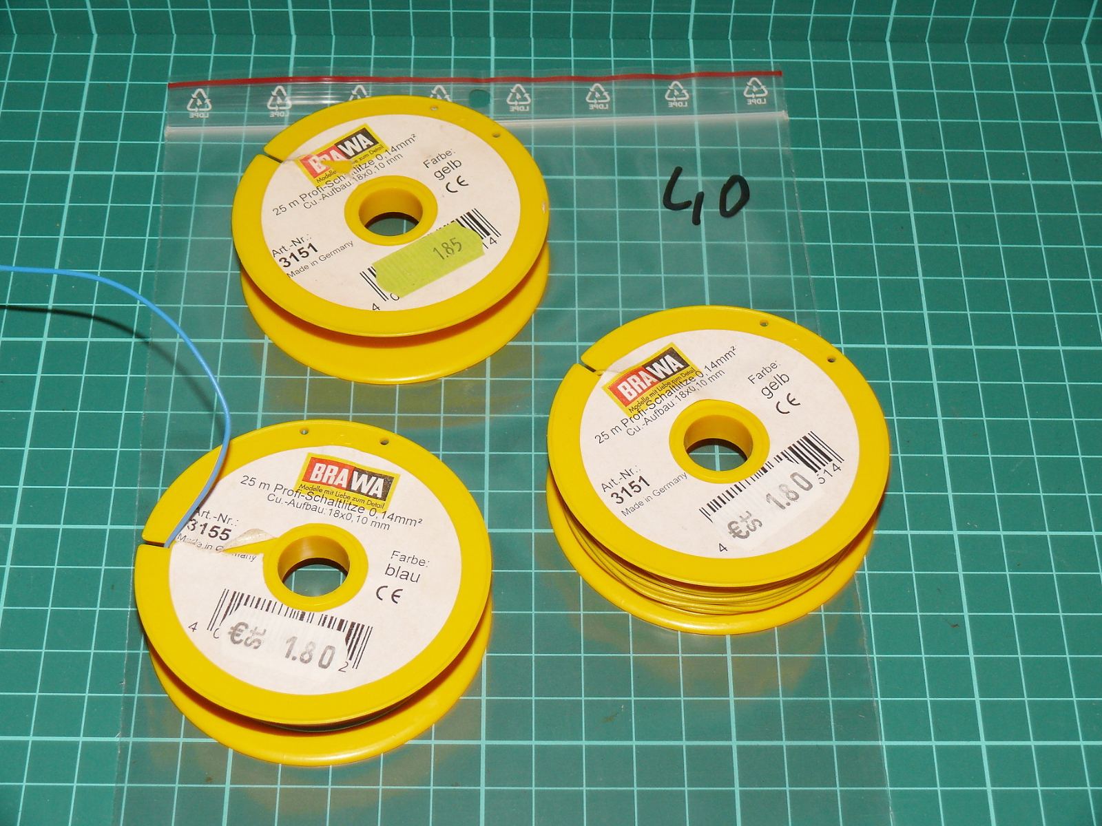 Brawa - Sada modelářských vodičů 0,14 mm² na cívkách (modrá a 2x žlutá) – Napájení